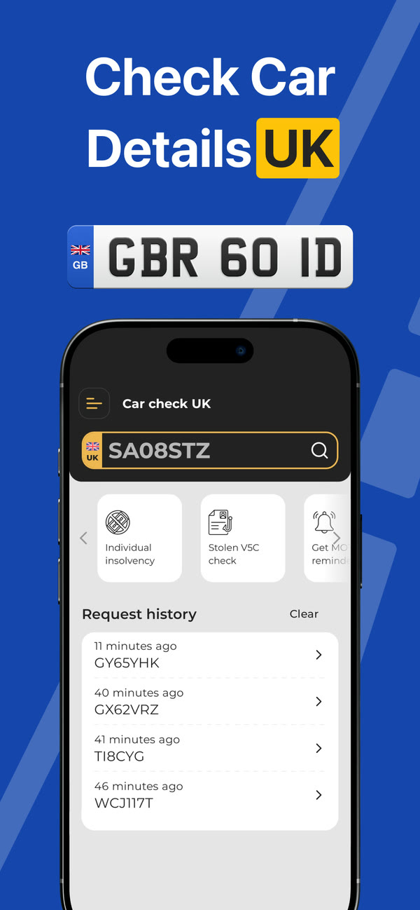 Car Check UK home screen with a number plate search